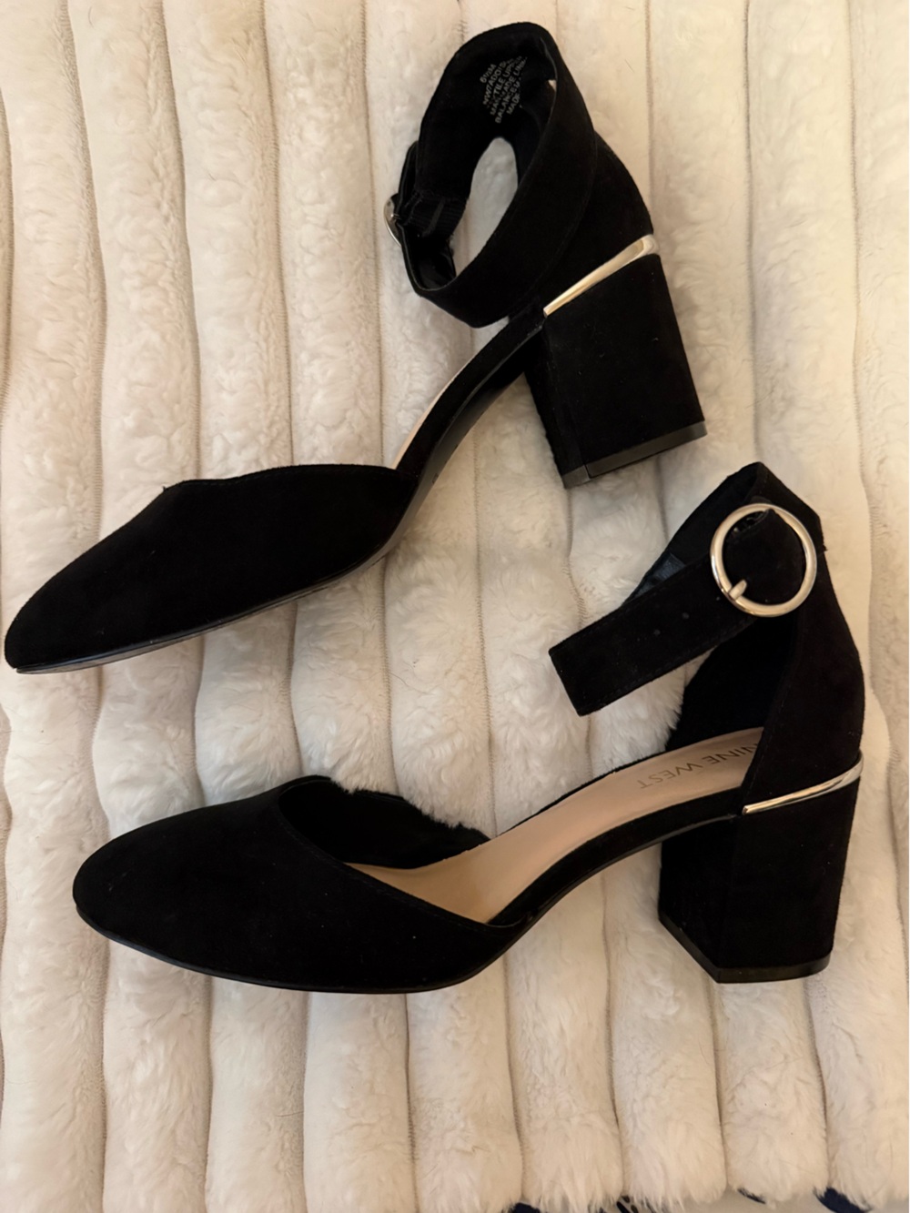 Nine West Black Suede Block Heel Ankle Strap Pumps with Silver Ring